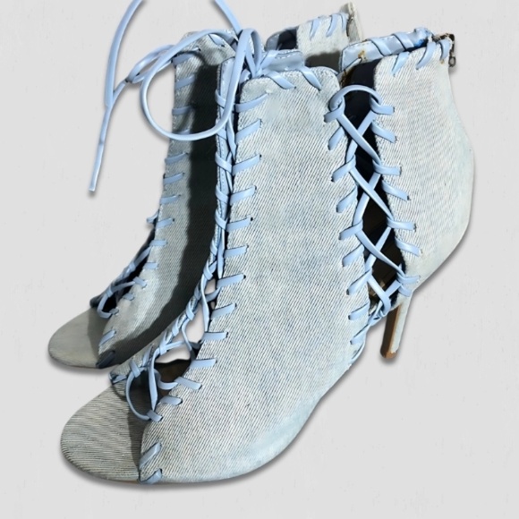 Forever 21 Denim Stiletto Heels Criss-Cross Lace-Up Detail Light Blue sz 10 - Picture 4 of 8